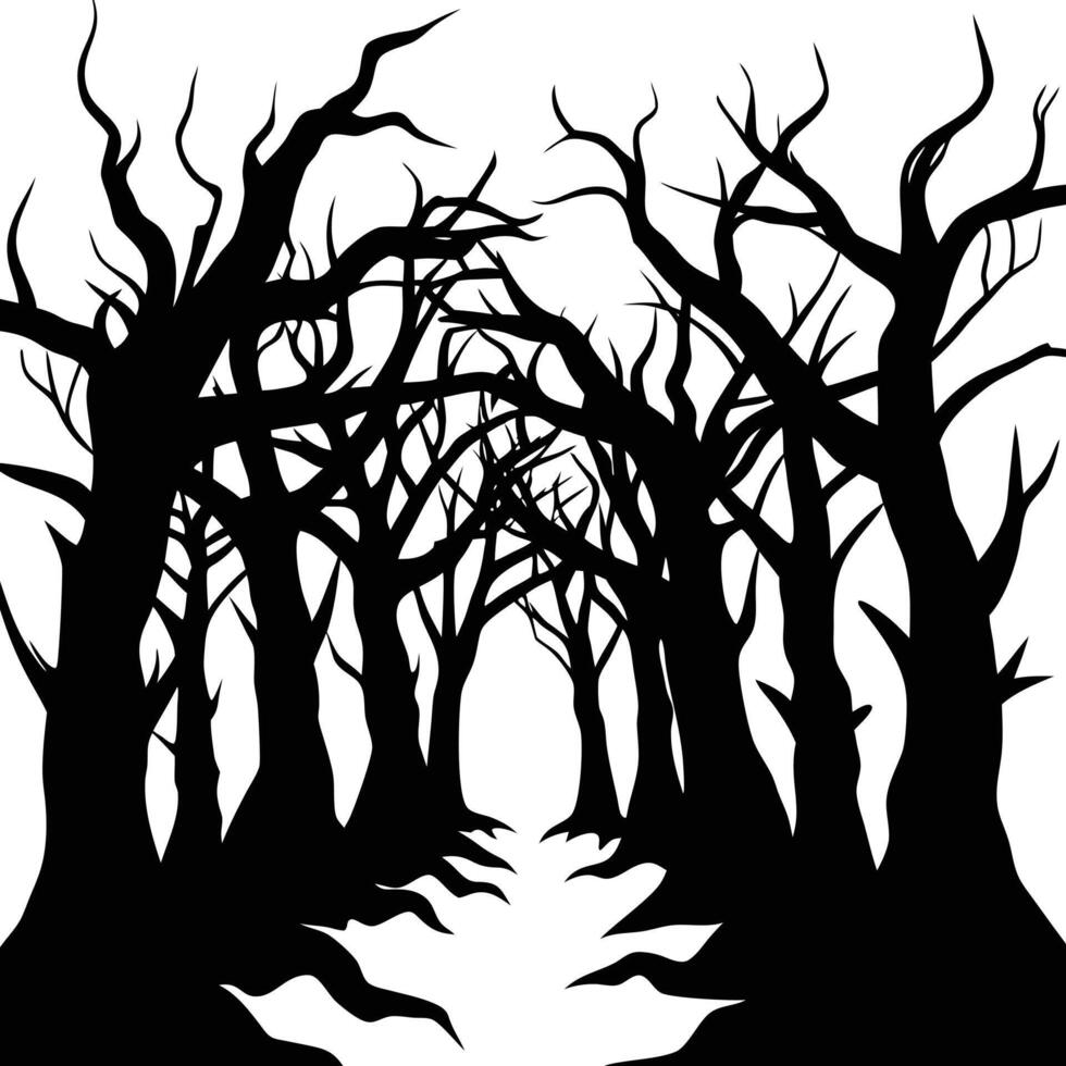 a dark forest with twisted trees and shadows vector
