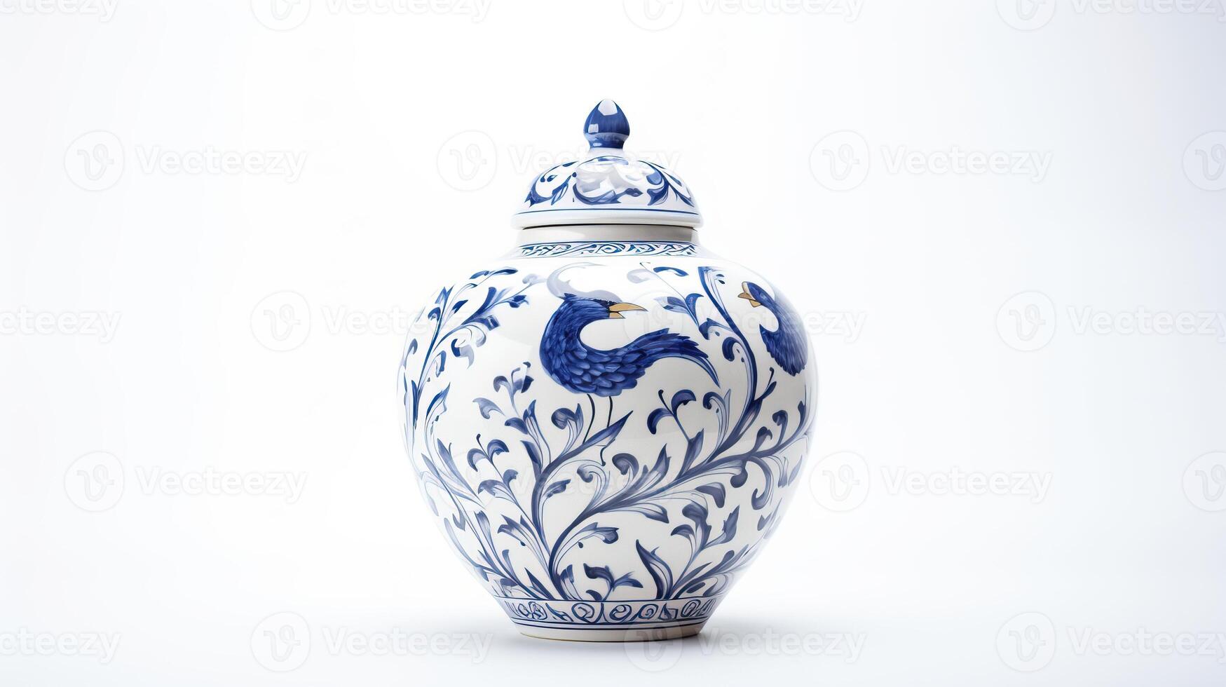 Elegant Blue and White Ceramic Jar with Floral and Bird Design photo