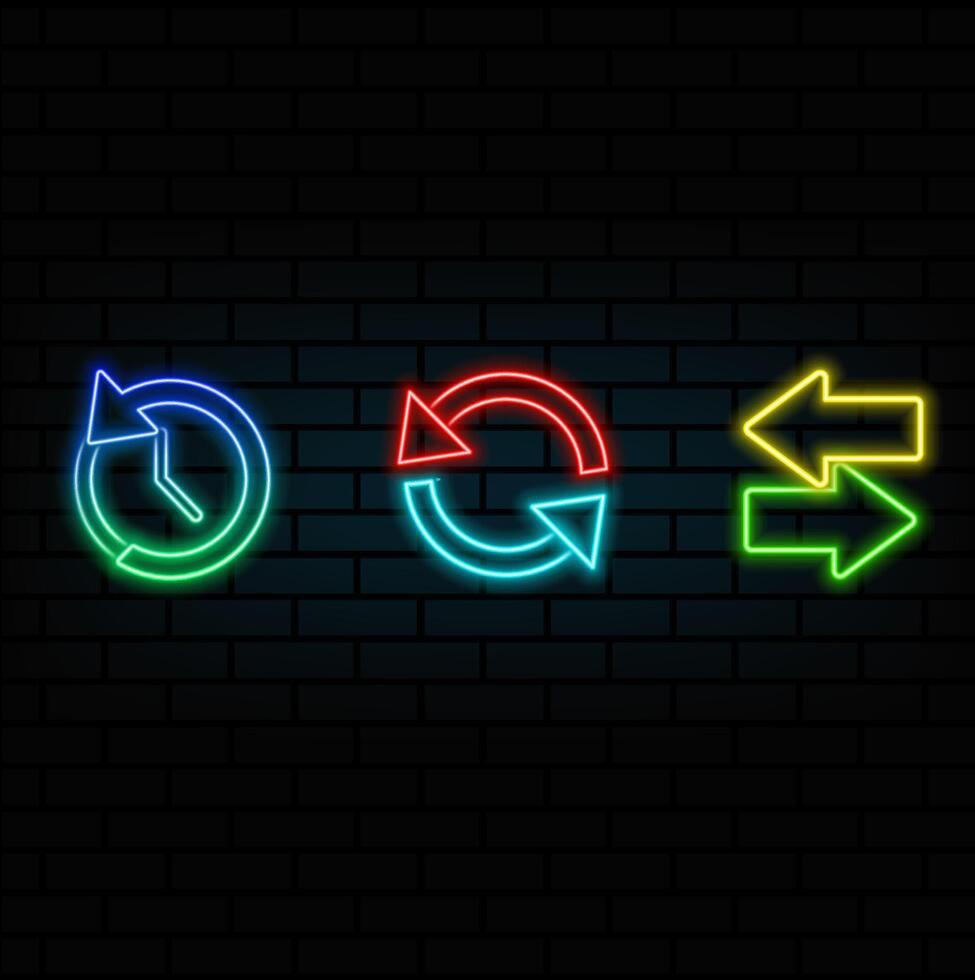 neon style. Clock with arrows icon.Arrow left and right arrow icon. arrow with clock symbol. vector
