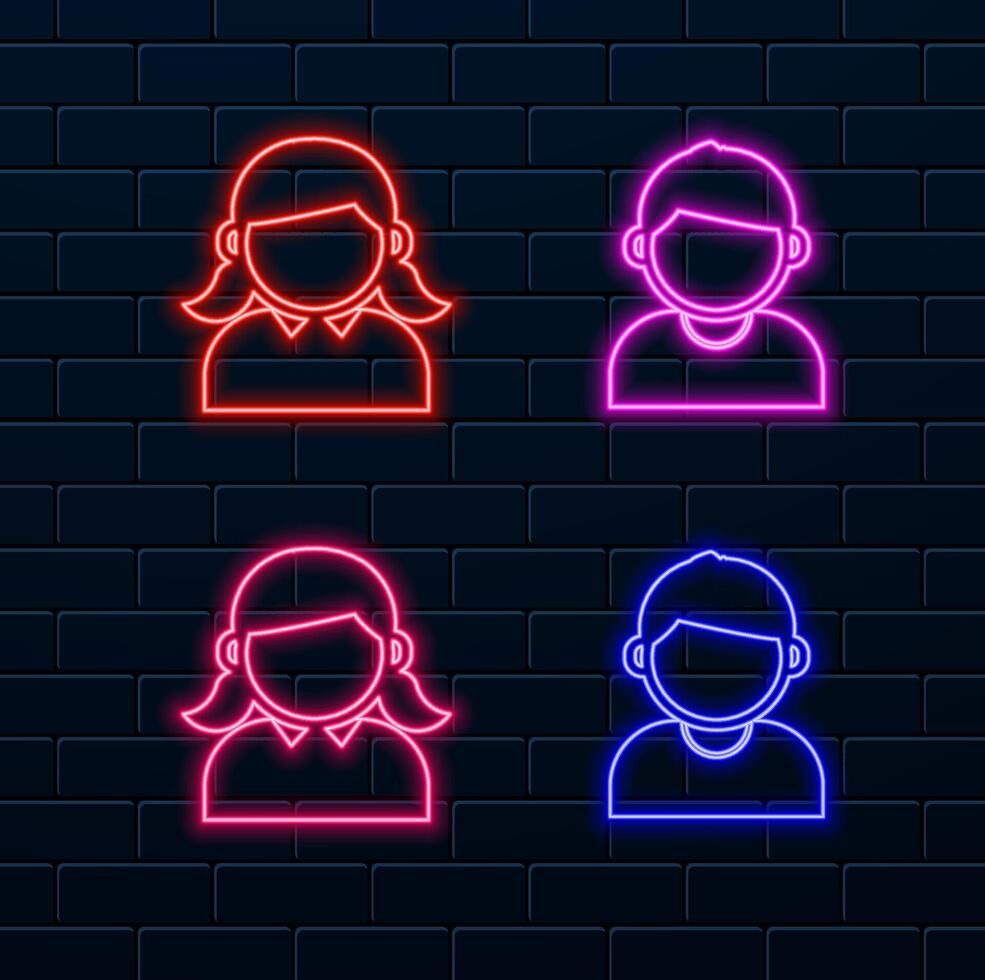 Woman face icon in people flat style. man's face. neon style.Children's avatar icon, student. student avatar. neon. vector