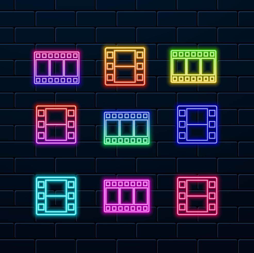 movie icon. illustration. Flat design. neon icon. playback icon. neon style. Film strip sign. vector