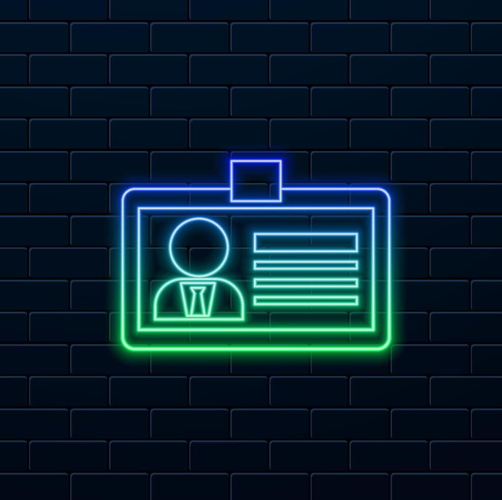 office id card icon. neon style.Photo name identification security illustration text. vector