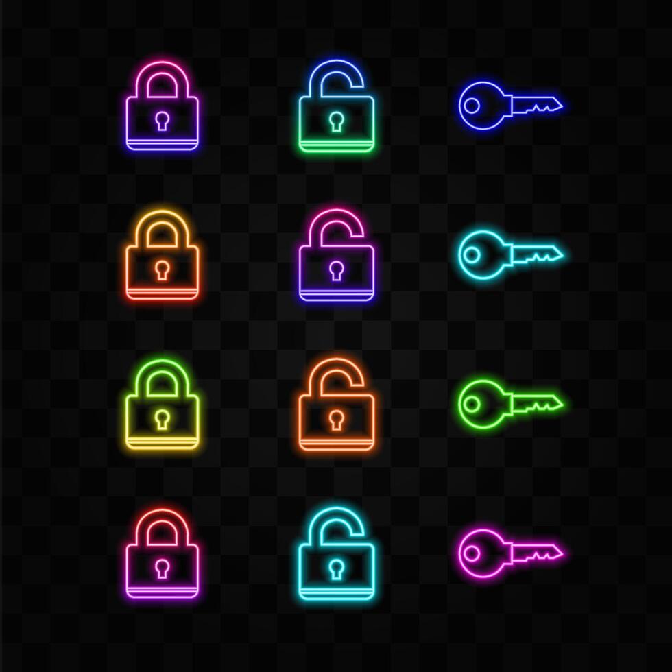 Open and closed padlock icon. neon key. Safe symbol.neon style. illustration. vector