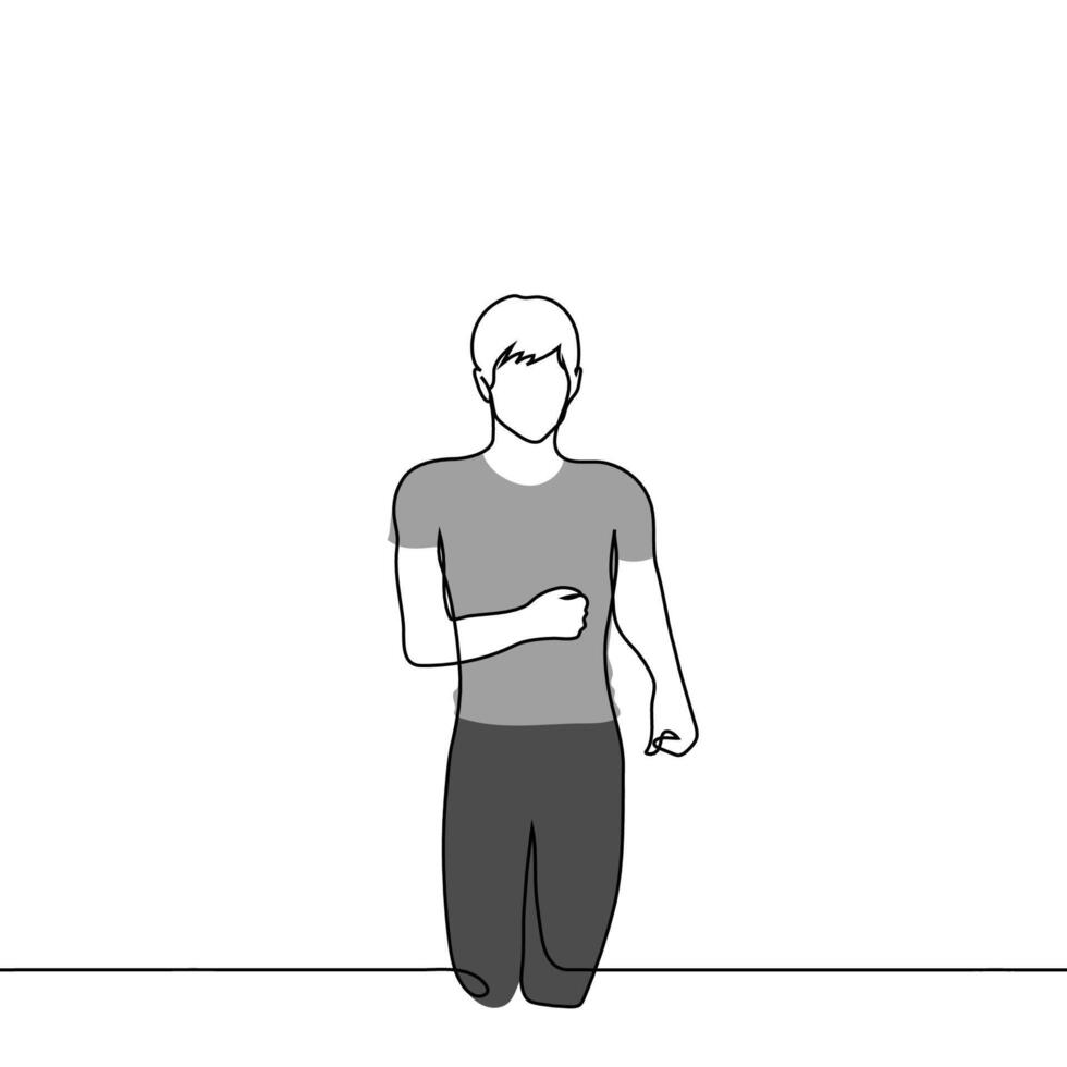 man in short sleeved tight t-shirt and leggings or running shorts running, front view, faceless portrait to knees - one line art . concept athlete on jogging, cardio training, running marathon vector