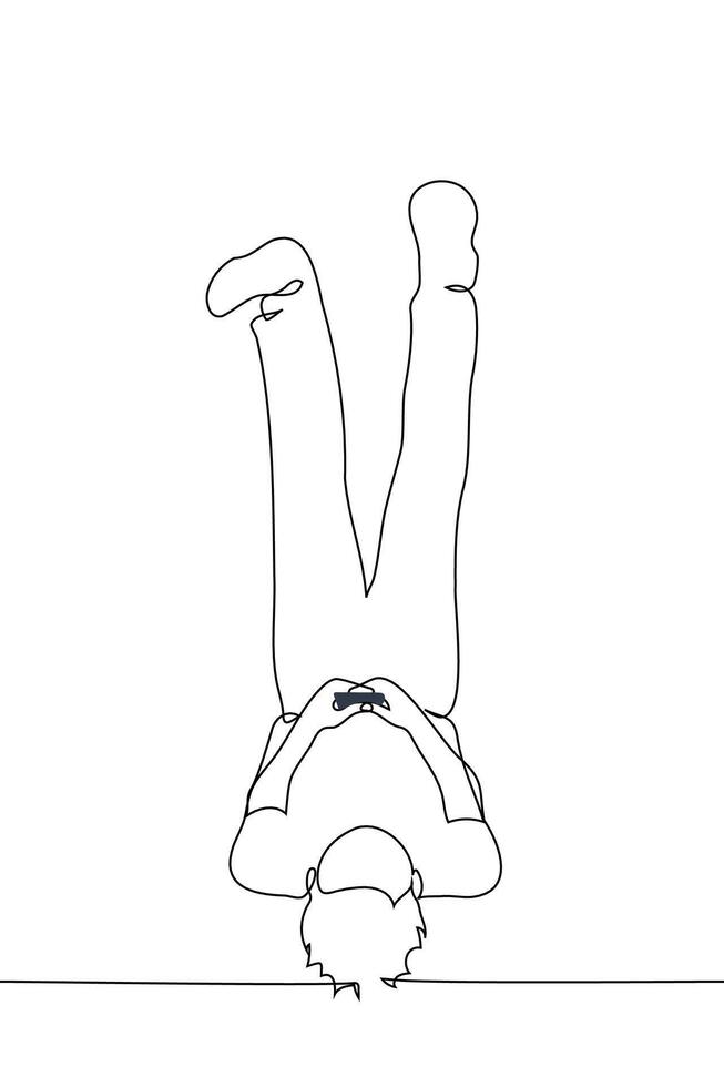 man with legs up holding phone, lazy Sarvangasana - one line art . concept man in shoulder stand, candlestick vector
