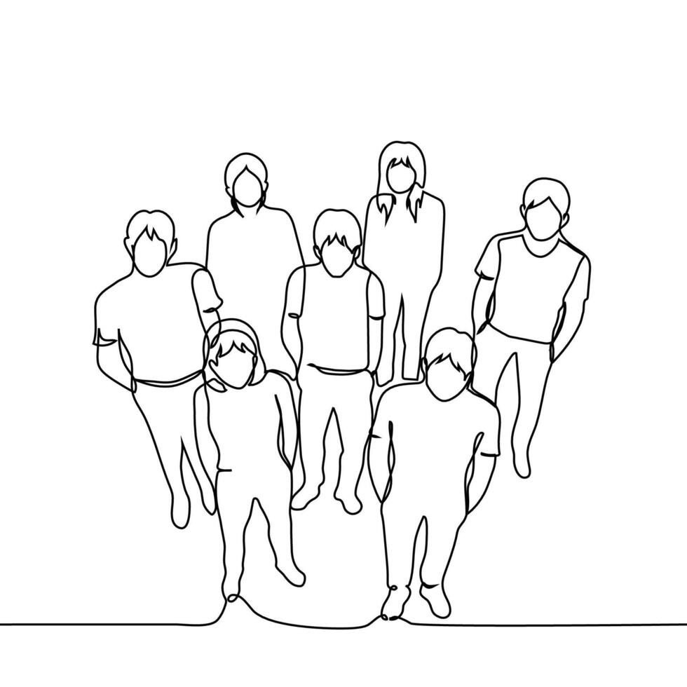 group of men and women stand side by side and look up, top view - one line art . concept young people, new generation vector