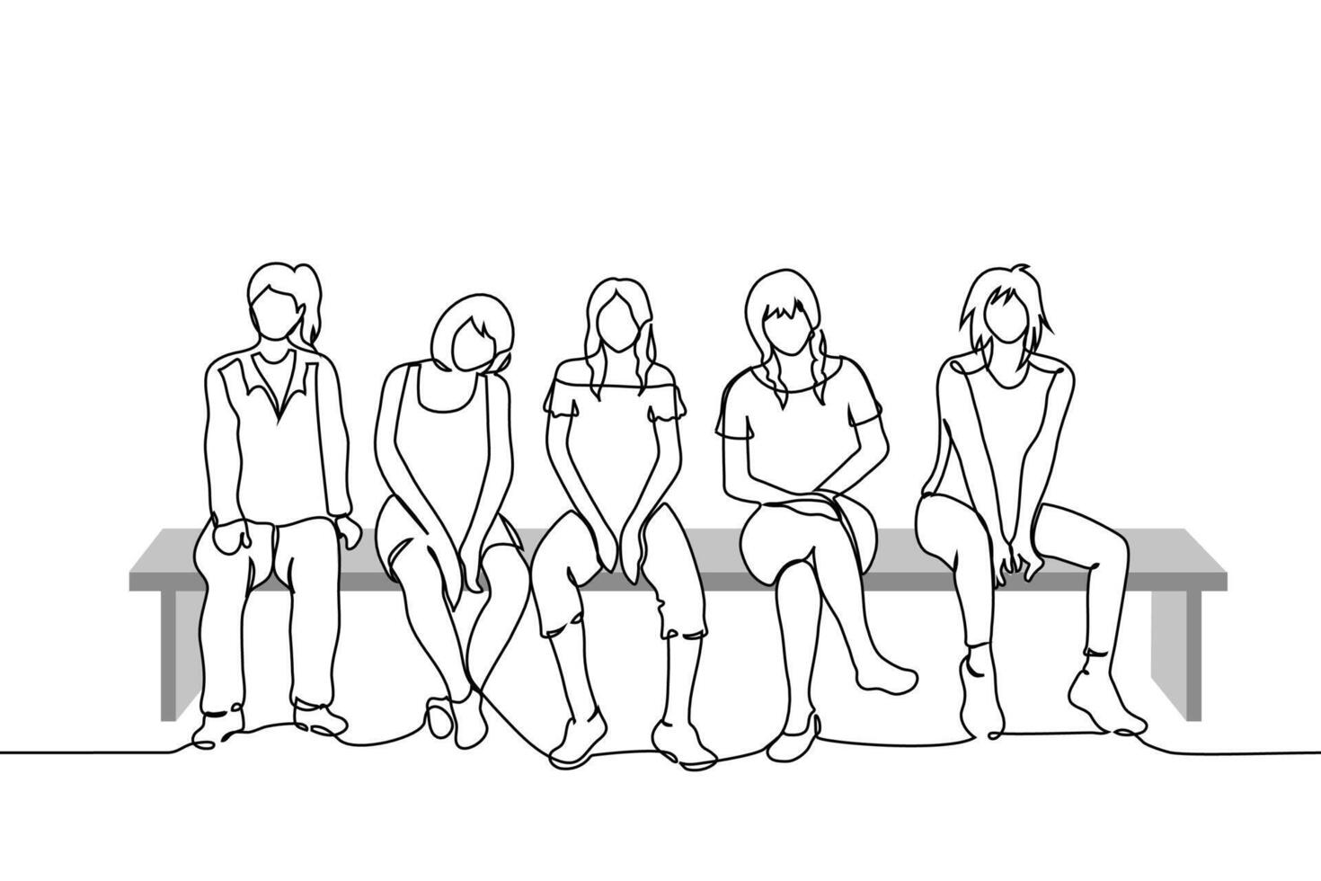 group of women sitting on a bench in a row, group portrait without a face - one line art . concept female audience, female team, new generation of women vector