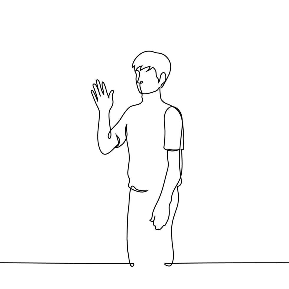 man standing waving hand - one line art . concept farewell, greeting vector