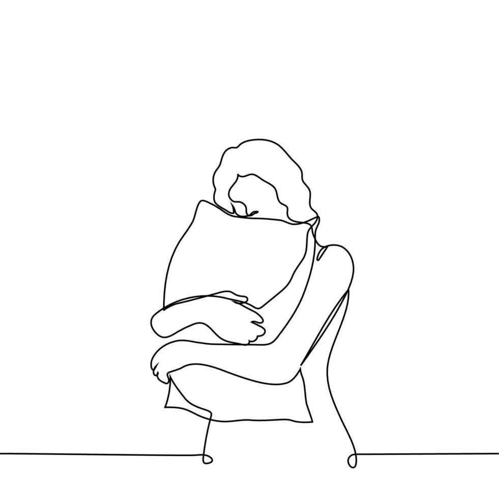 woman standing hugging and holding pillow - one line art . concept sleep problems, insomnia, lack of sleep, insomnia vector