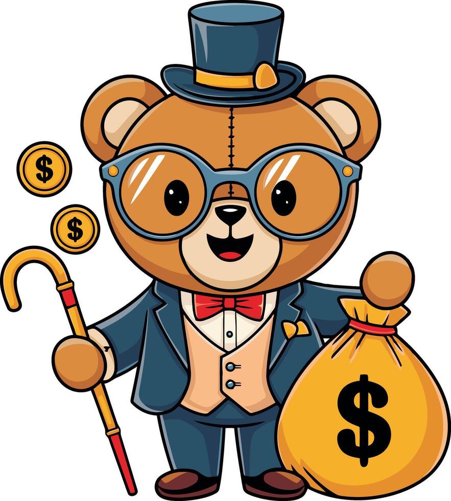 A cartoon bear in a suit holding a bag of money vector