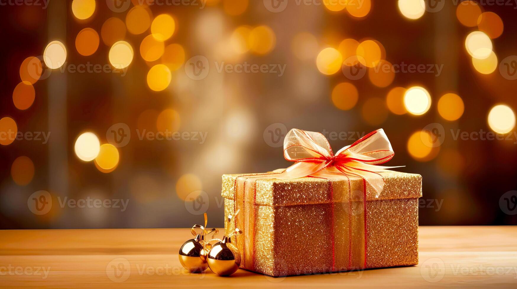 Elegant Golden Gift Box Decorated with Ribbon on Holiday Background photo