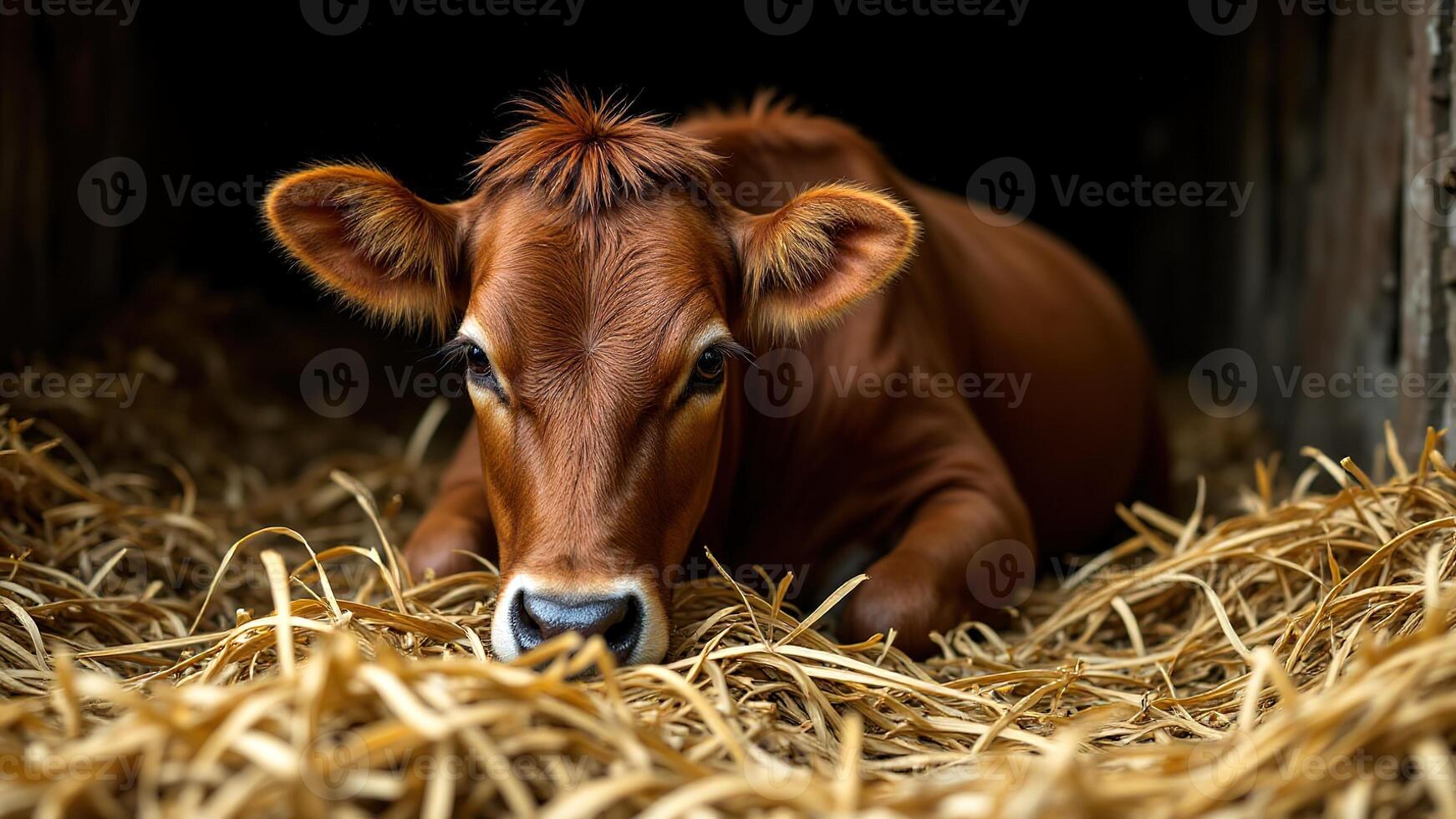Anthrax is an acute bacterial infection. Brown Calf Resting on Straw in Rustic Barn Environment photo