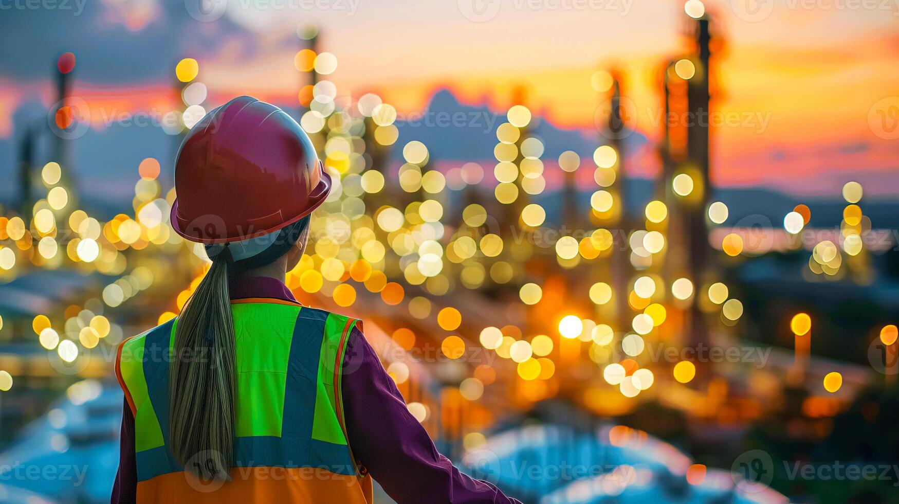 Industrial Worker Observing Operations at Sunset with Bokeh Effect photo