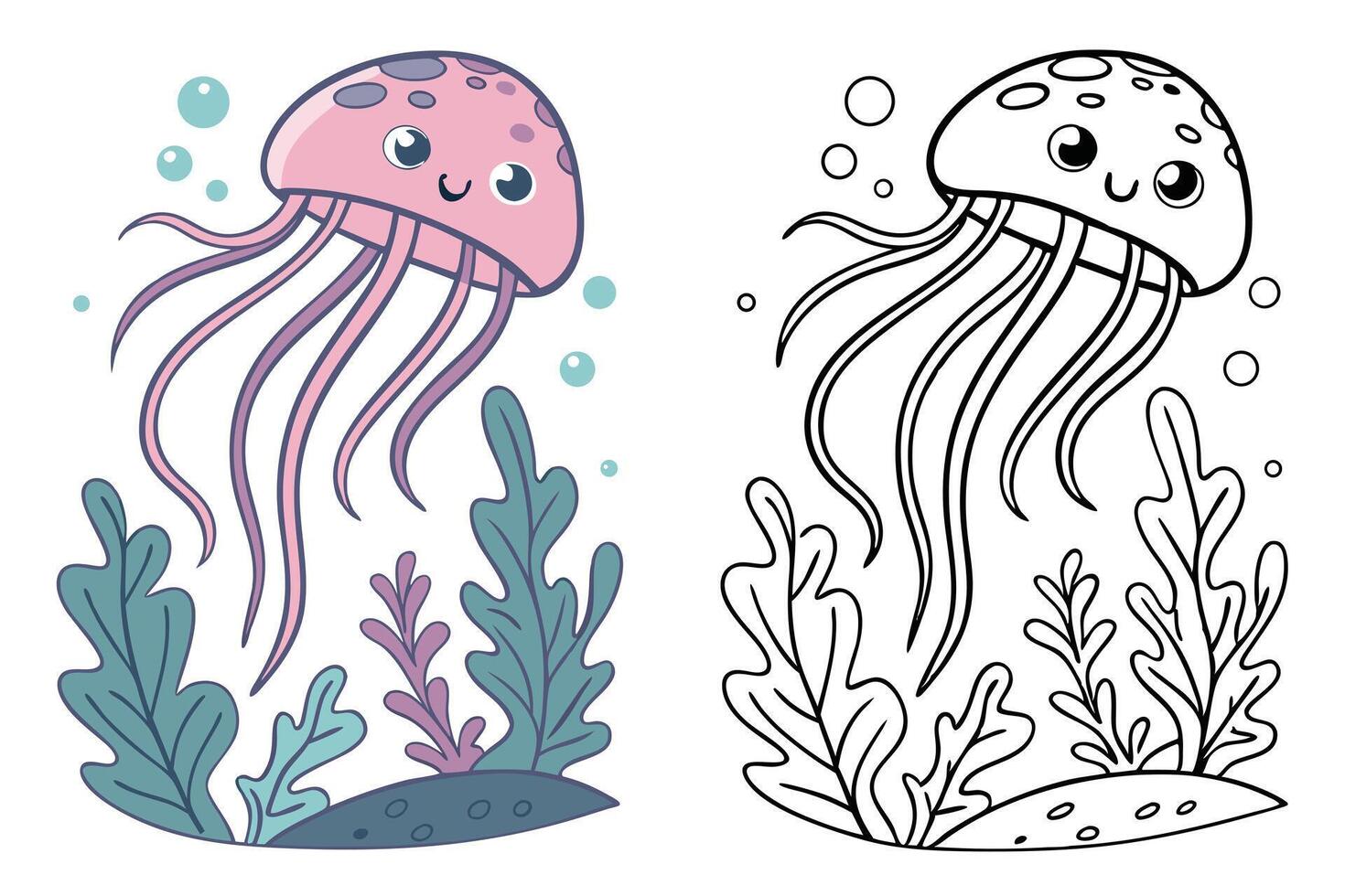 coloring book with full-color illustration on the left side and black-and-white outline version on the right side vector