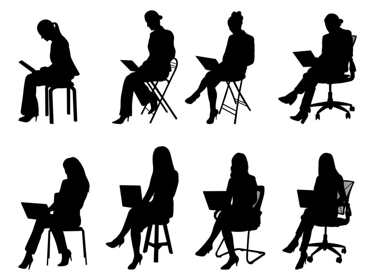 Silhouette of a woman entrepreneur working remotely with a laptop while seated on a chair, isolated on white background vector