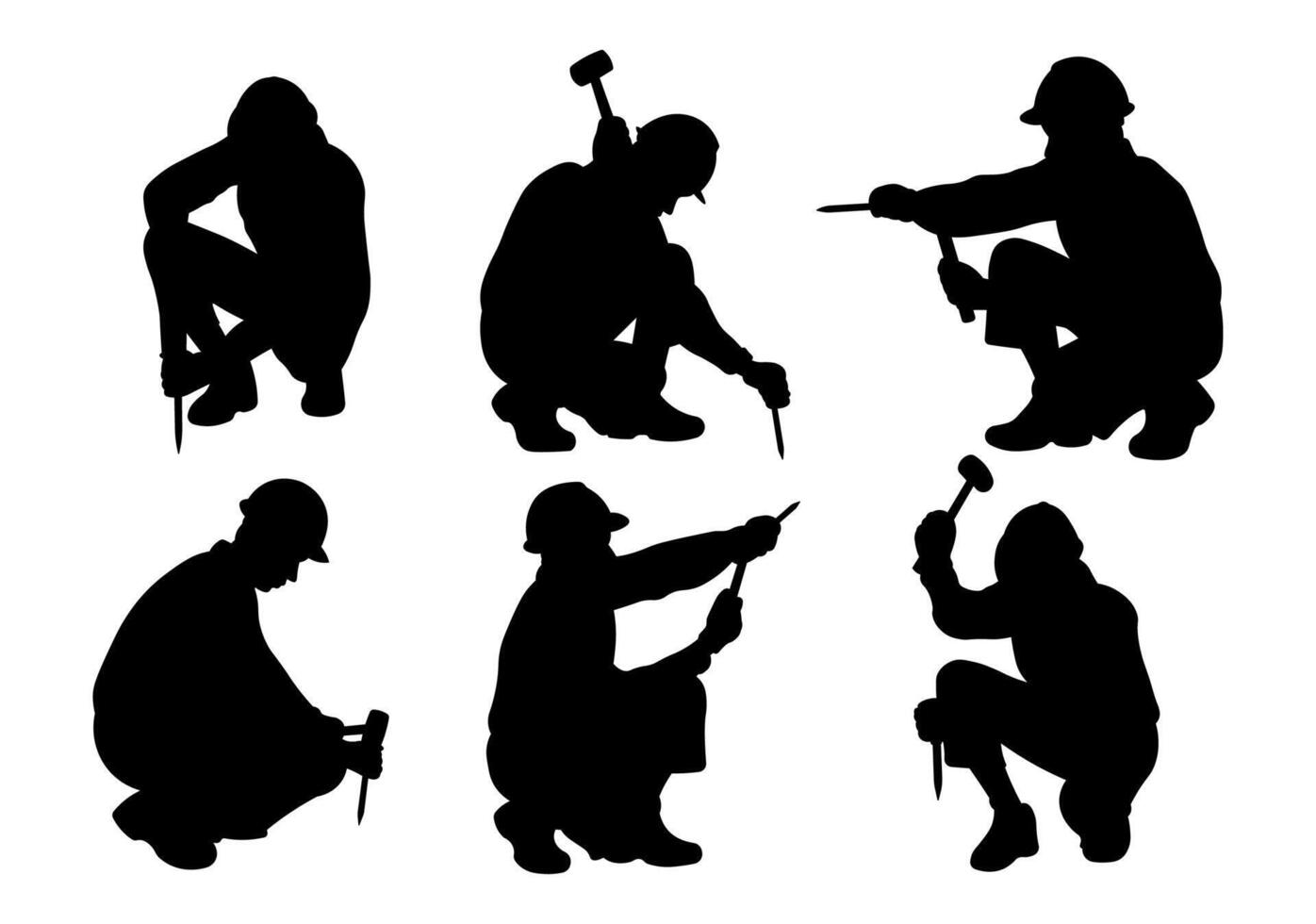 Silhouette Collection of a construction worker tearing down walls and floors using a chisel and hammer vector