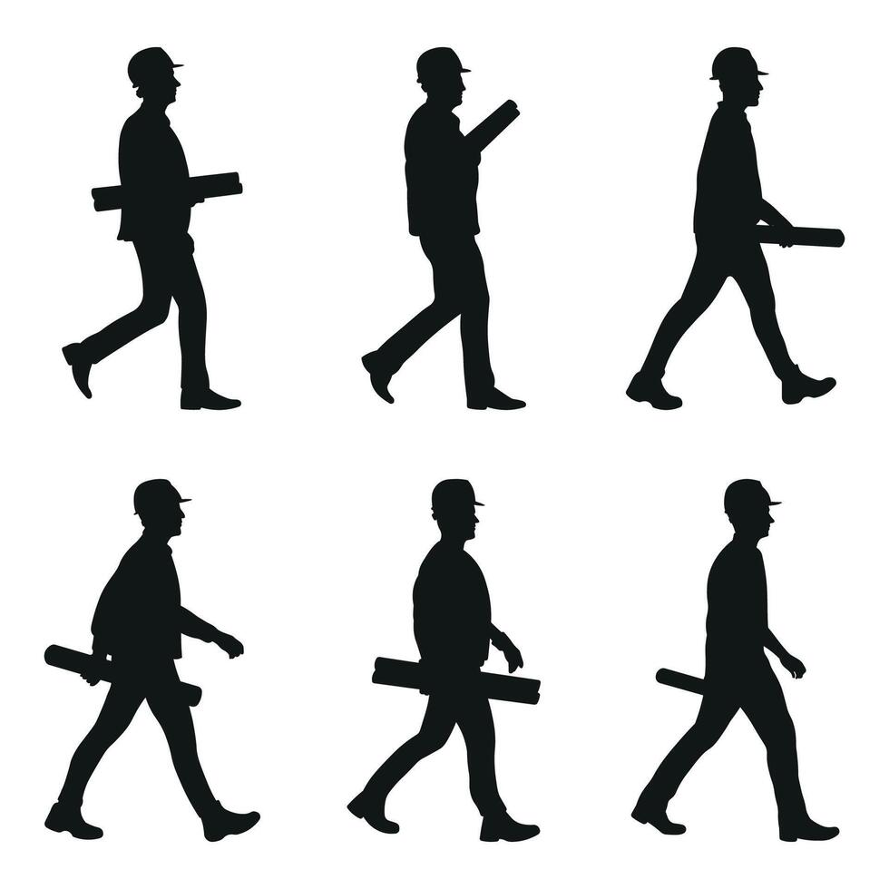 Silhouette illustration of Engineer or Architect walking carrying blueprint on white background vector