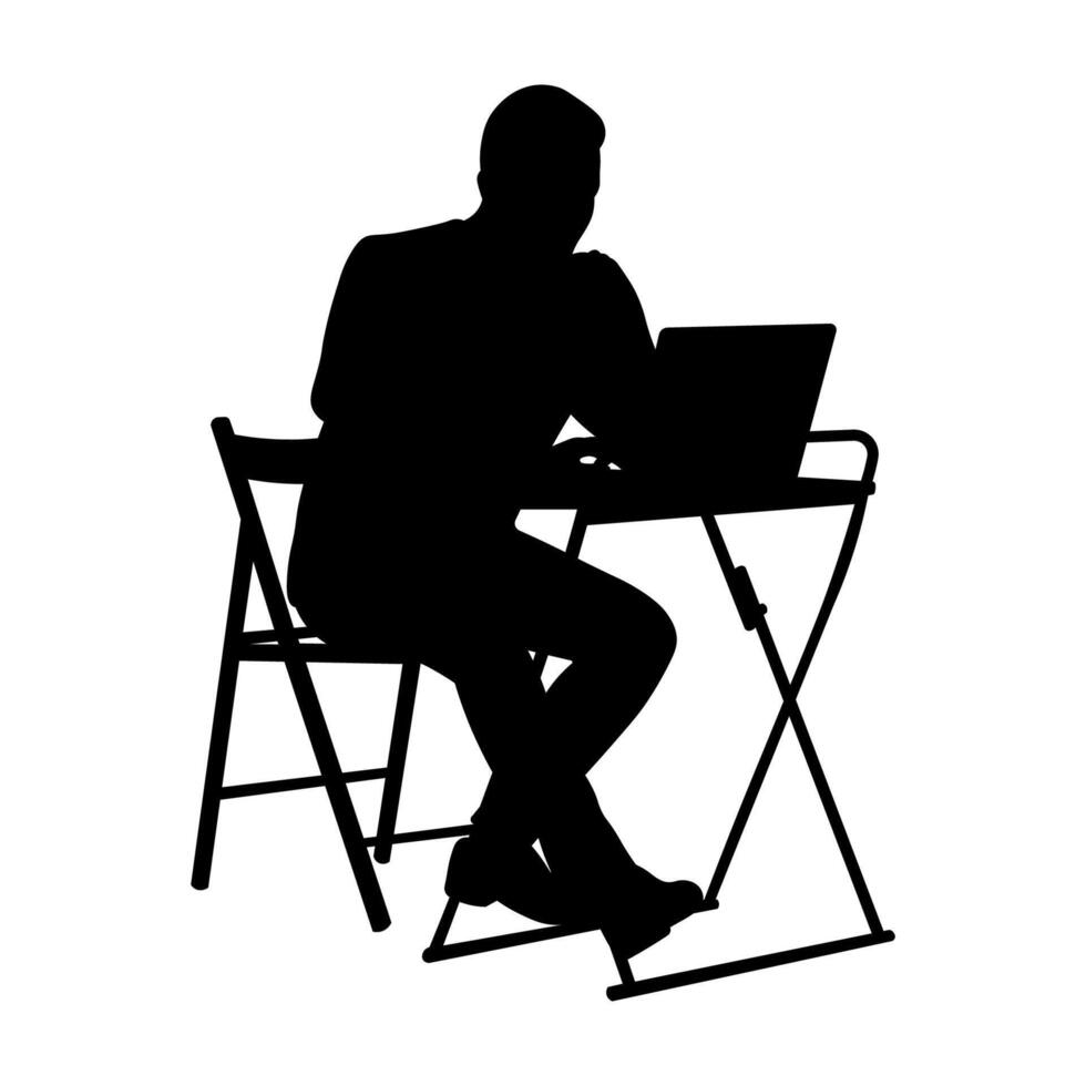 Silhouette of a Businessman Working Remotely on Laptop at Desk vector