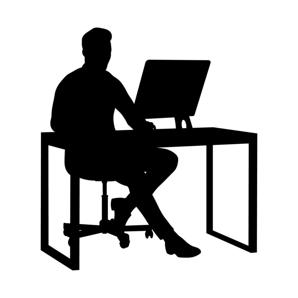 Silhouette of a Businessman Working Remotely on Computer at Desk vector