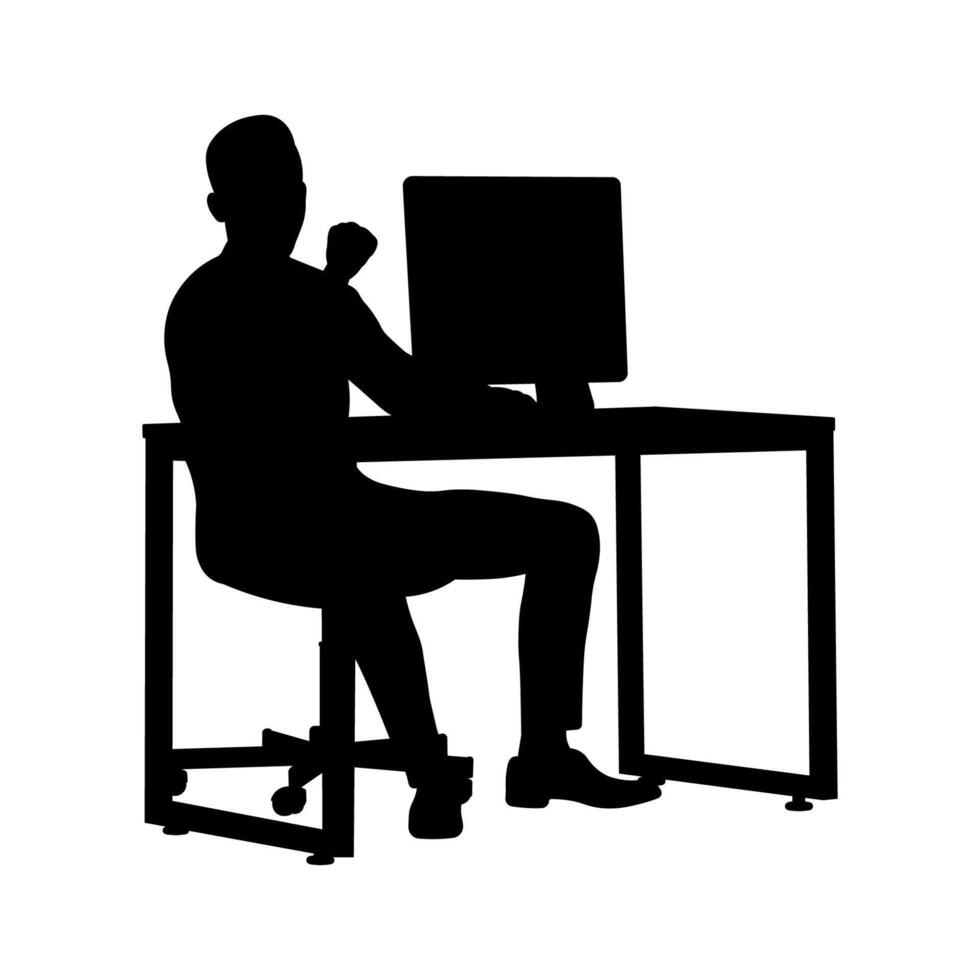 Silhouette of Office Worker Using Computer at Table, Isolated on White vector