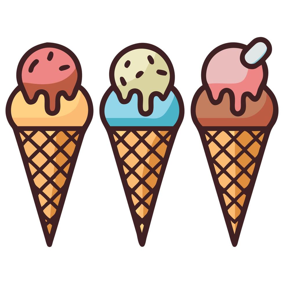 collection of delicious ice cream in waffle cone vector