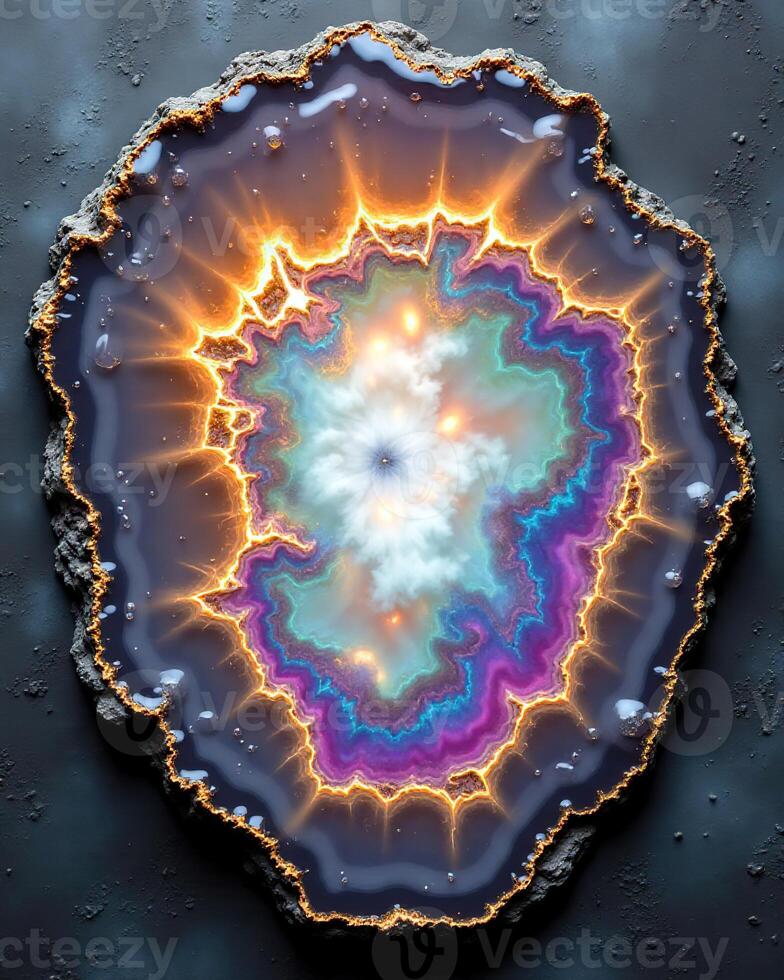 Colorful Geode with Bright and Shimmering Patterns on Dark Background photo