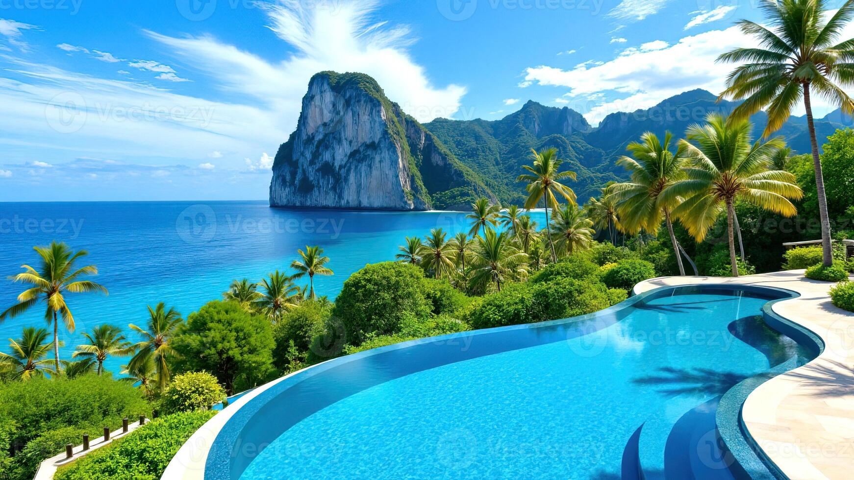Scenic Tropical Paradise with Pool and Mountain View in Background photo