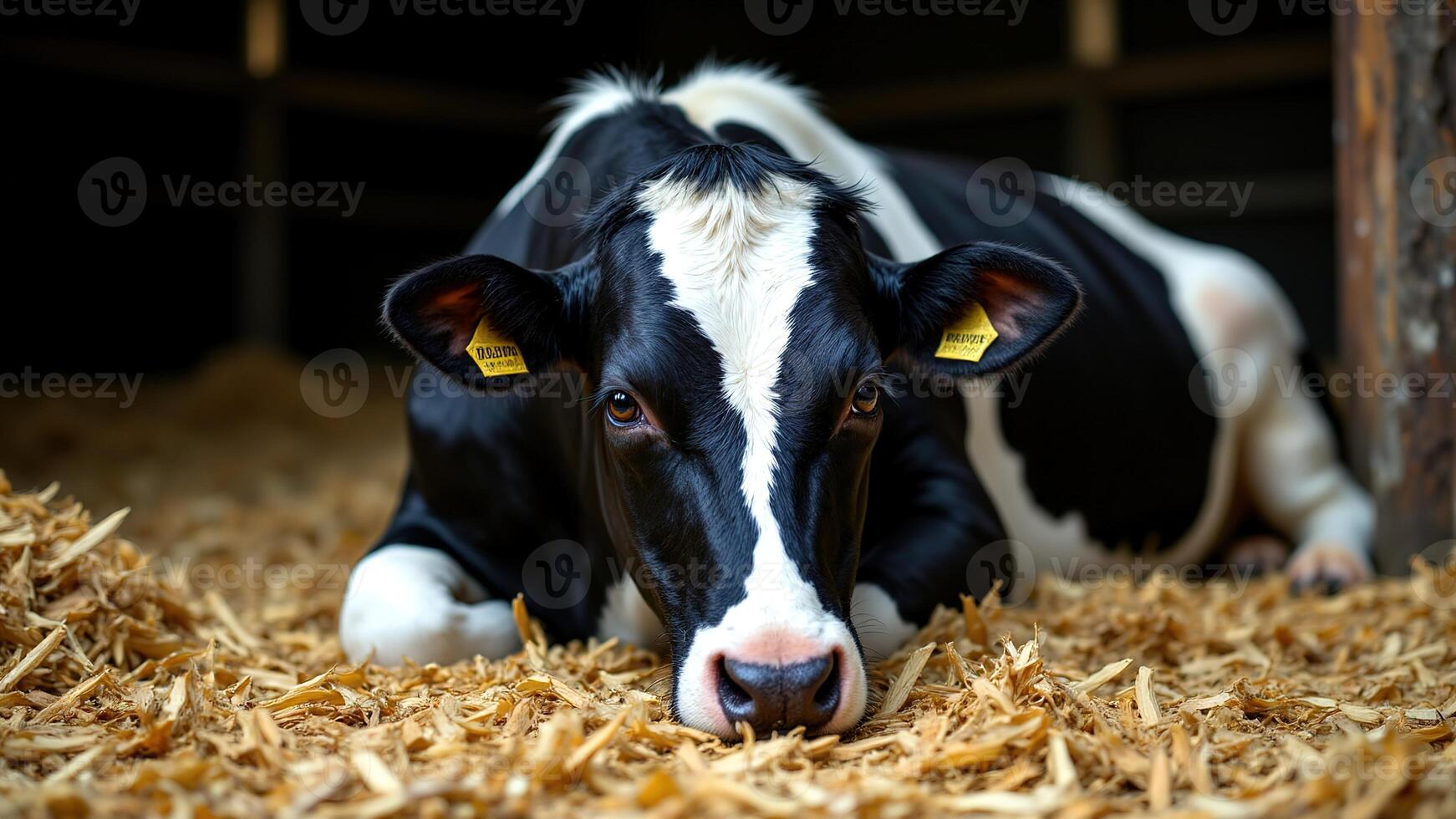 Cow Relaxing on the Straw in Barn with Soft Lighting and Texture. Anthrax is an acute bacterial infection. photo