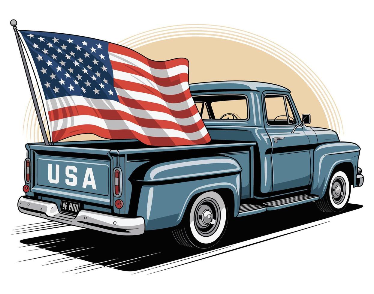 Vintage American Pickup Truck with USA Flag. Patriotic Classic Car Illustration for Independence Day, Freedom Celebration, Retro America Style Art vector