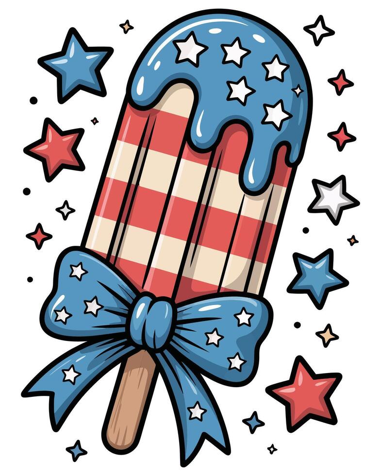 Patriotic Popsicle with Stars Bow. Fourth of July Ice Cream Clipart vector
