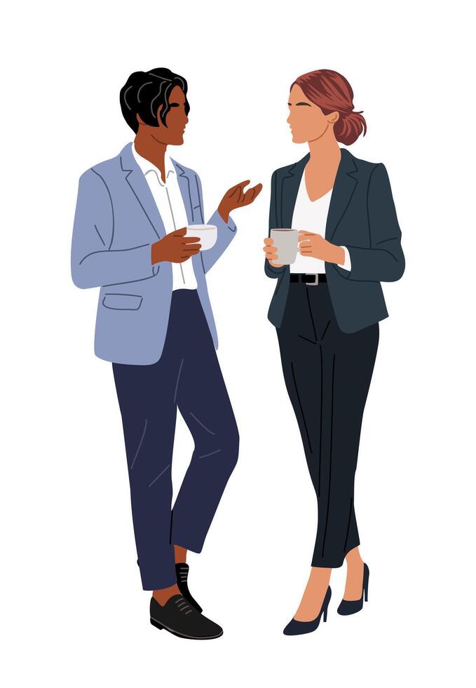 Man and woman in suits standing with coffee cups vector