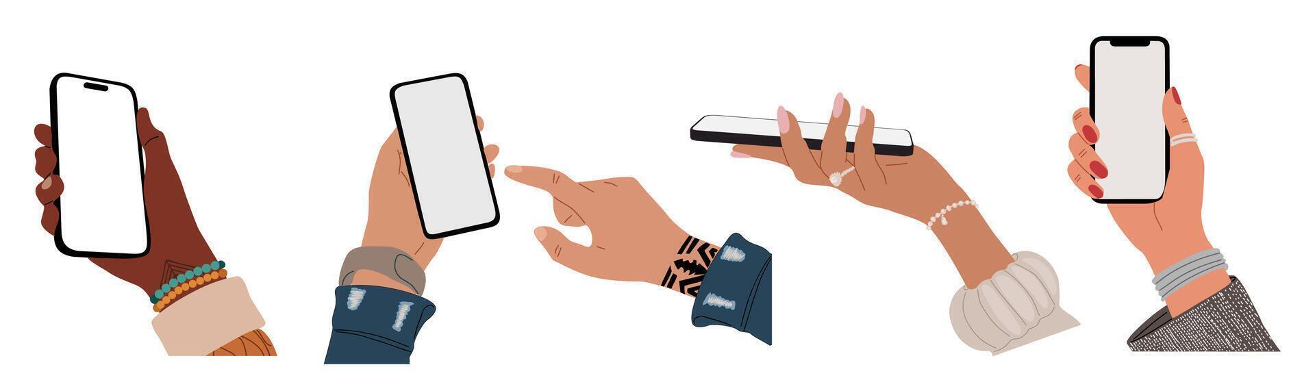 Diverse hands holding smartphone with blank screen vector