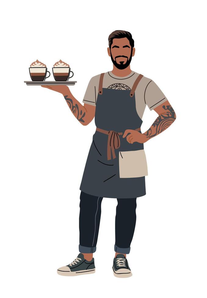 Trendy barista man holding tray with coffee cups vector