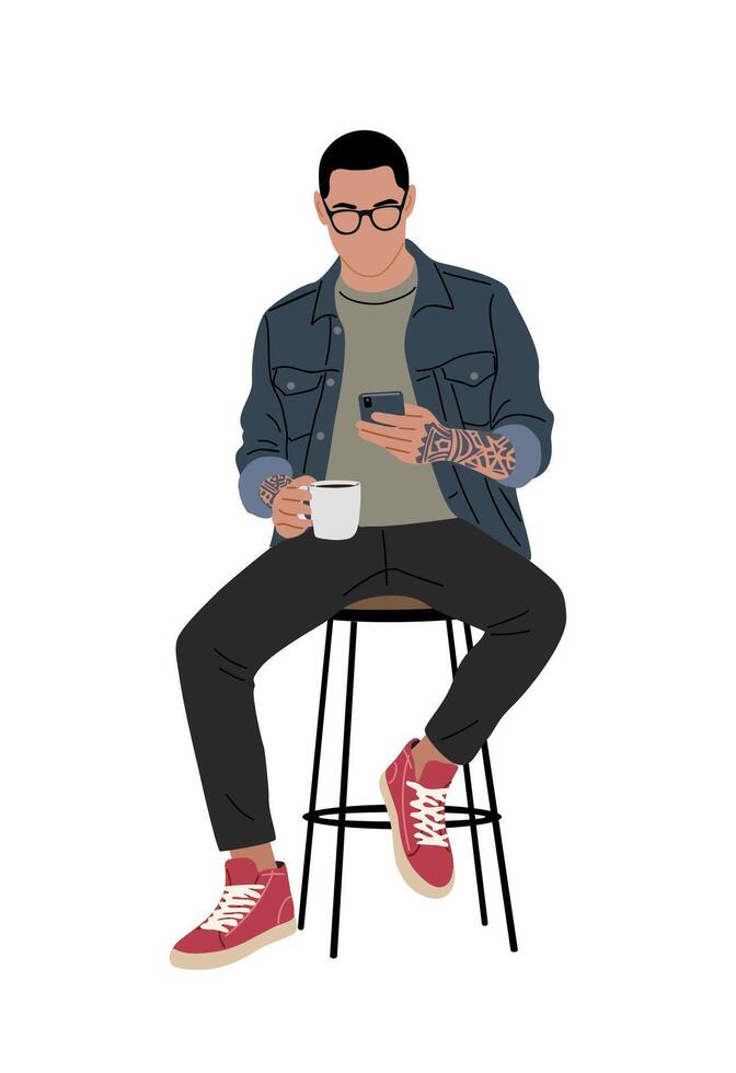 Trendy young man sitting with coffee and phone vector