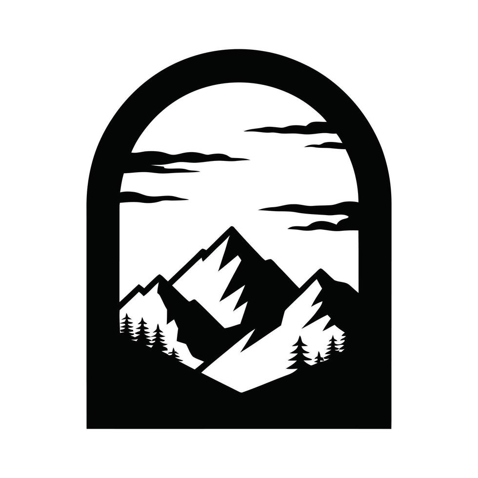 Majestic mountain landscape in arch frame black and white vector