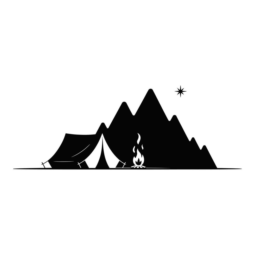 Camping adventure silhouette mountains tent fire vector