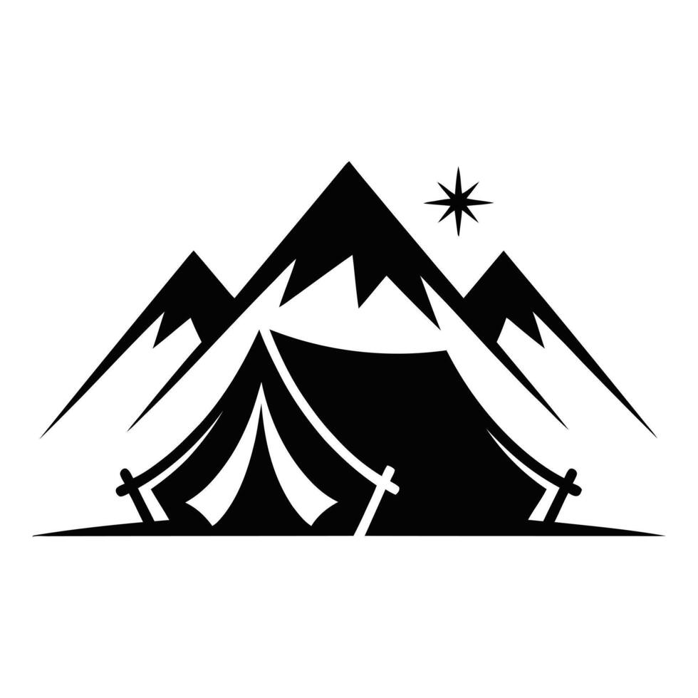 Camping tent silhouette majestic mountain peak adventure vector