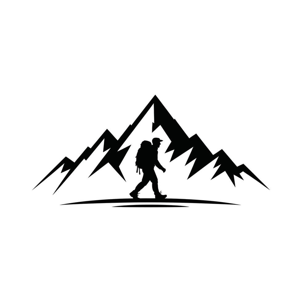 Hiker silhouette majestic mountain range adventure vector