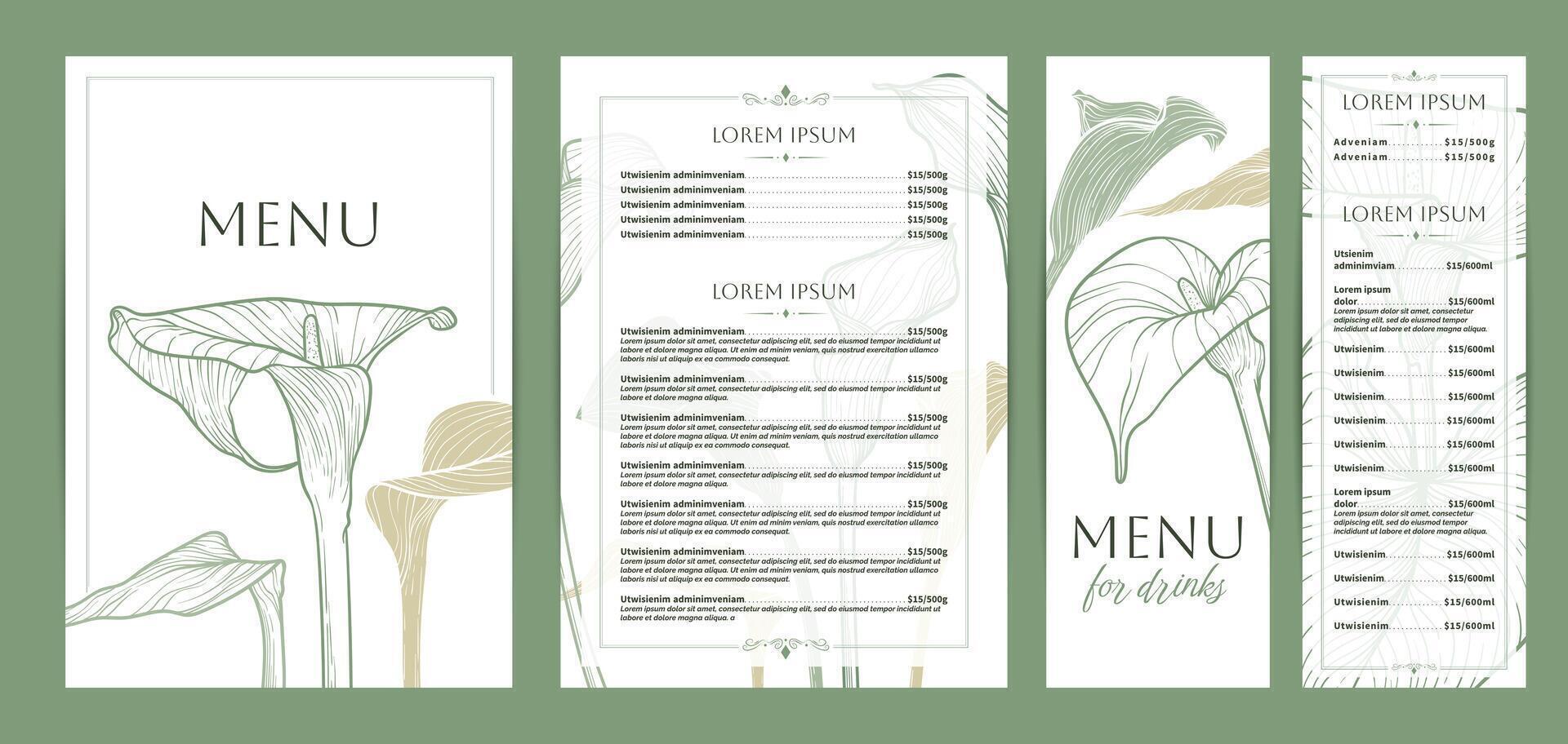 Colorful food and drinks menu designs. Restaurant menu template. Beautiful A4 format with high quality flowers for print and online. Saturated hand drawn line art calla lily illustrations. vector