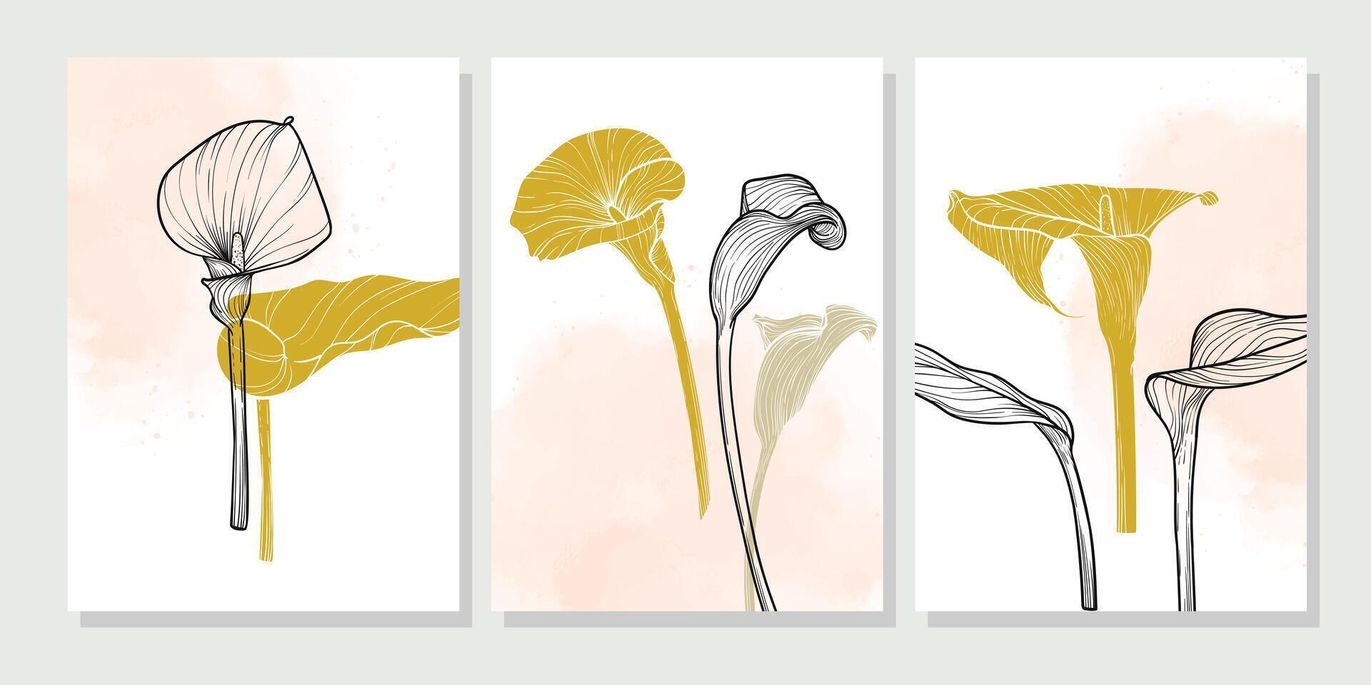 Elegant three high resolution calla lily flowers posters in detailed line art with yellow watercolor backgrounds. Perfect for botanical prints, wall decor, summer inspired digital designs. vector