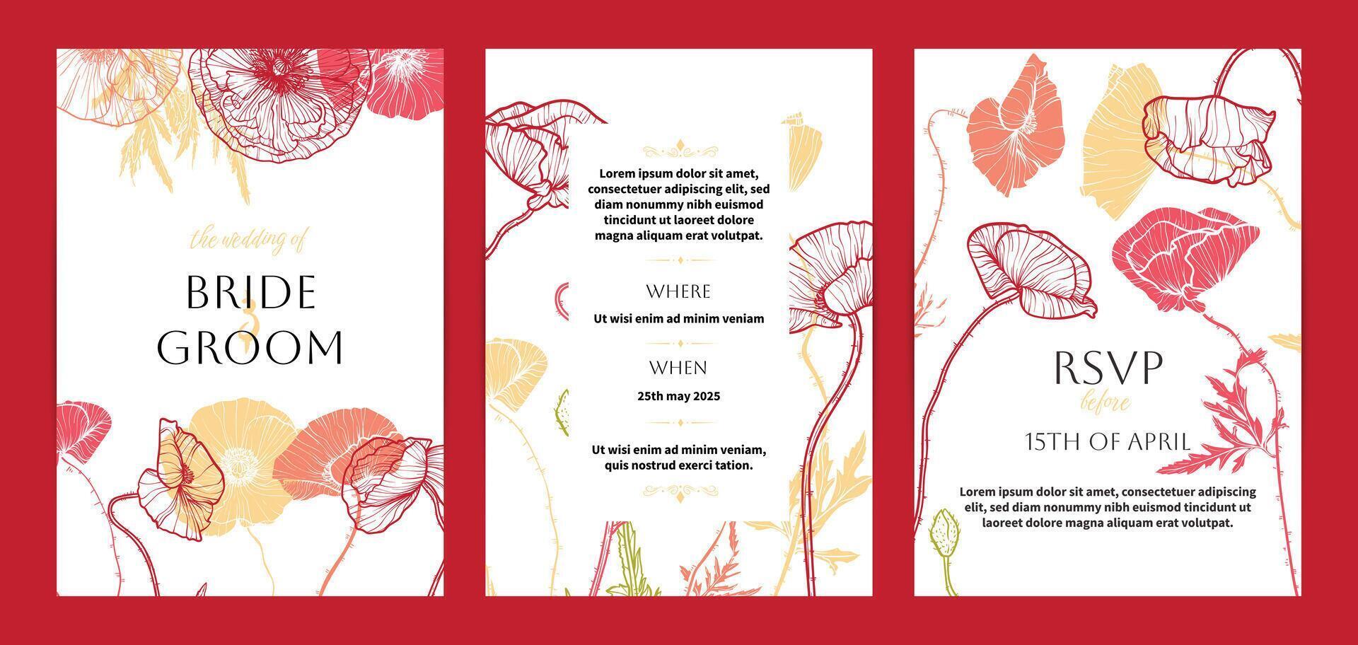 Wedding invitation card background . Elegant botanical flower decorate with line art poppy texture template background. Design illustration for wedding and vip cover template, banner. vector
