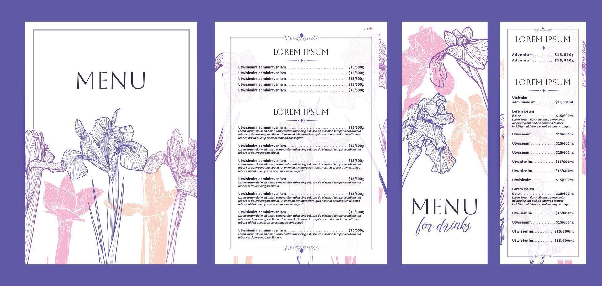 Colorful food and drinks menu designs. Restaurant menu template. Beautiful A4 format with high quality flowers for print and online usage. Saturated hand drawn line art iris illustrations. vector