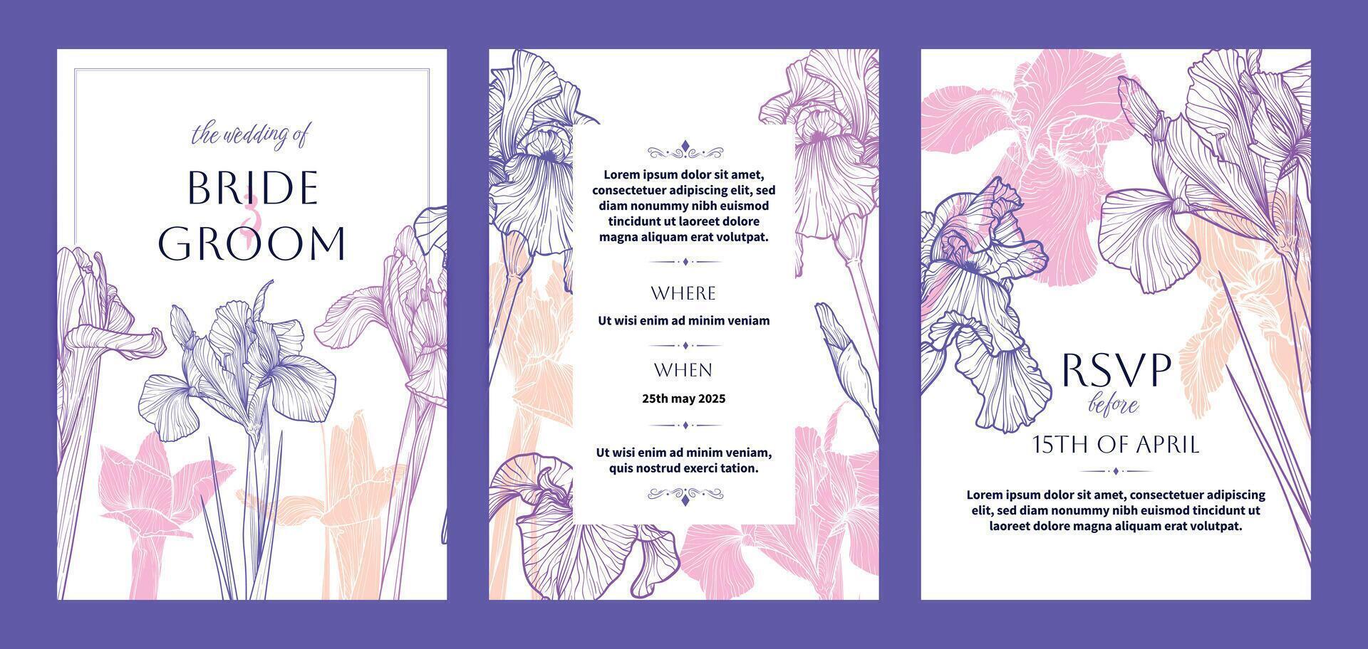 Wedding invitation card background . Elegant botanical flower decorate with line art iris flowers texture template background. Design illustration for wedding and vip cover template, banner. vector