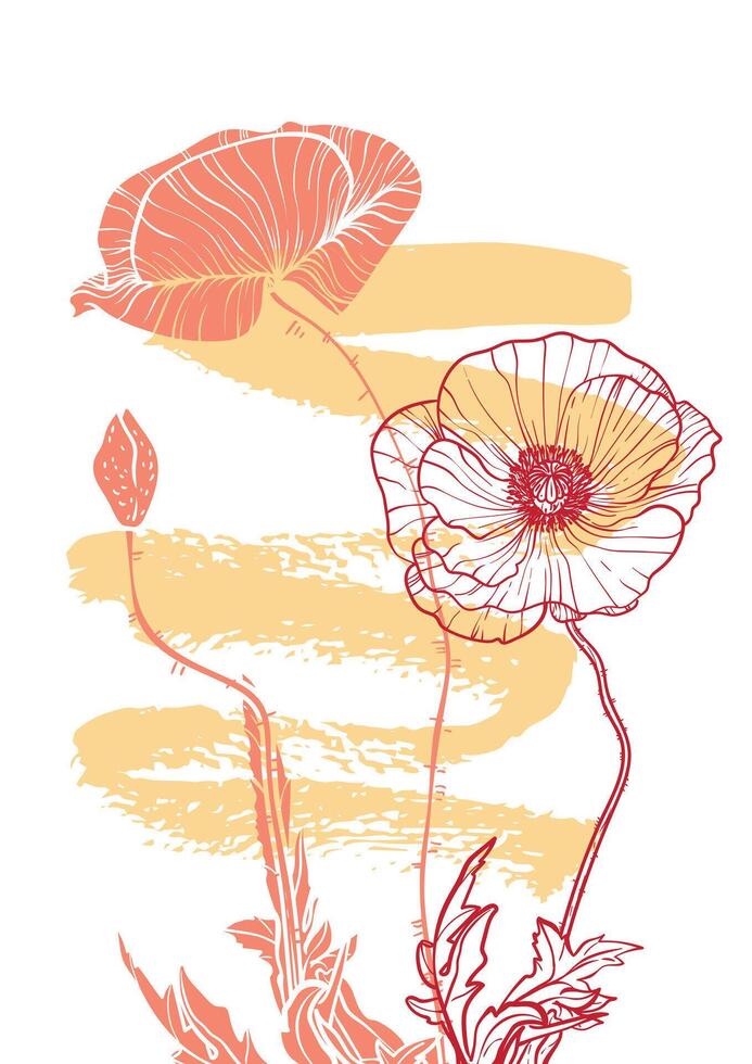 A4, A3 poppy line art hand drawn illustration. Art print with yellow and green summer flowers and a pink sketch mark. Highly detailed and high quality graphic asset for online and print. vector