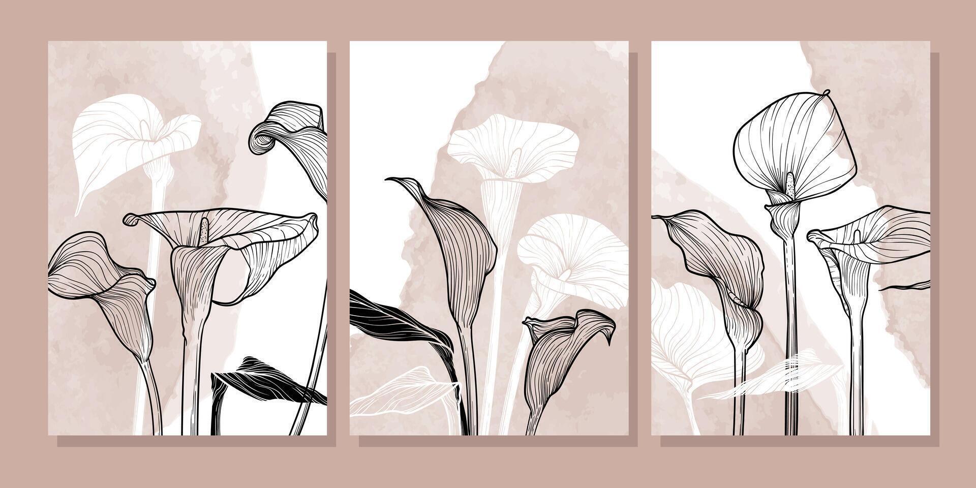 A4 set of calla lily flowers hand drawn illustrations. Art print with elegant black flowers on a beige watercolor splatter. Highly detailed and high quality graphic asset for online and print. vector