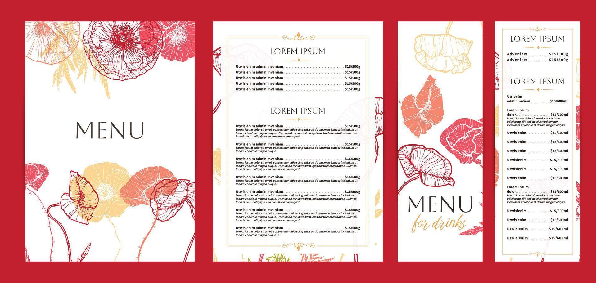 Colorful food and drinks menu designs. Restaurant menu template. Beautiful A4 format with high quality flowers for print and online usage. Saturated hand drawn line art poppy illustrations. vector