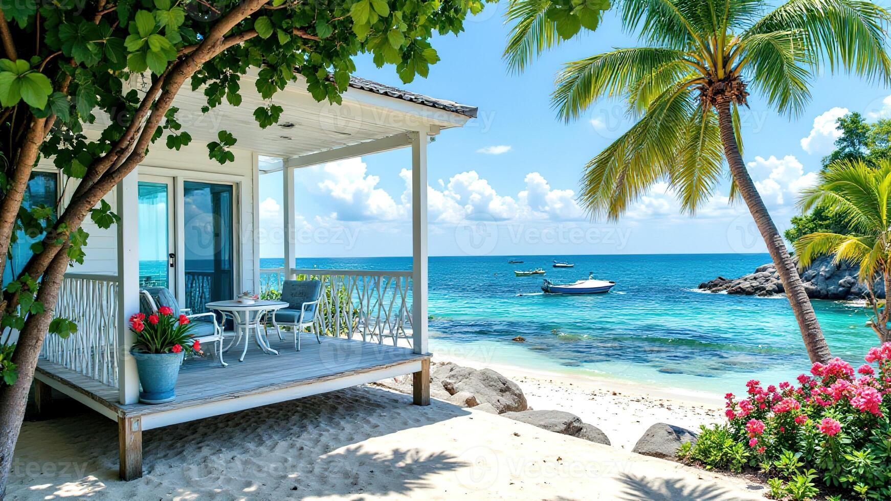 Tranquil Beachfront Villa with Scenic Ocean View and Palm Trees photo