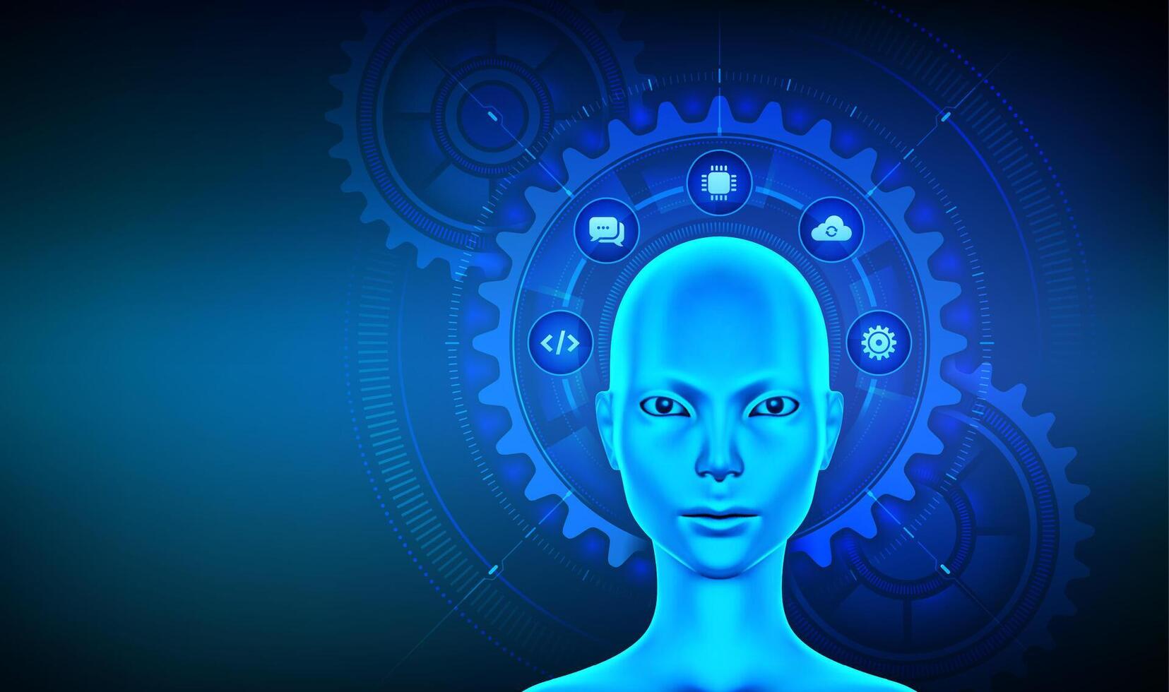 AI chatbot. AI assistant with cyborg woman head surrounded by connected gears and technology icons. AI agent. Concept of artificial intelligence, automation, and machine learning. vector