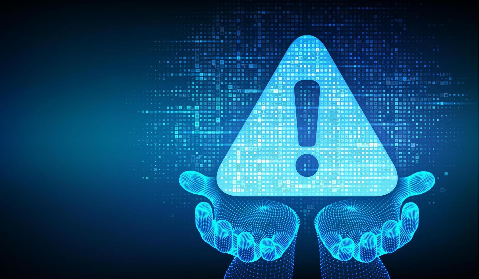 Attention symbol made with binary code in wireframe hands. Danger Sign. Virus Alert. Streaming binary code background. Computer Hacked Error Concept. Hacking Piracy Risk. Illustration. vector