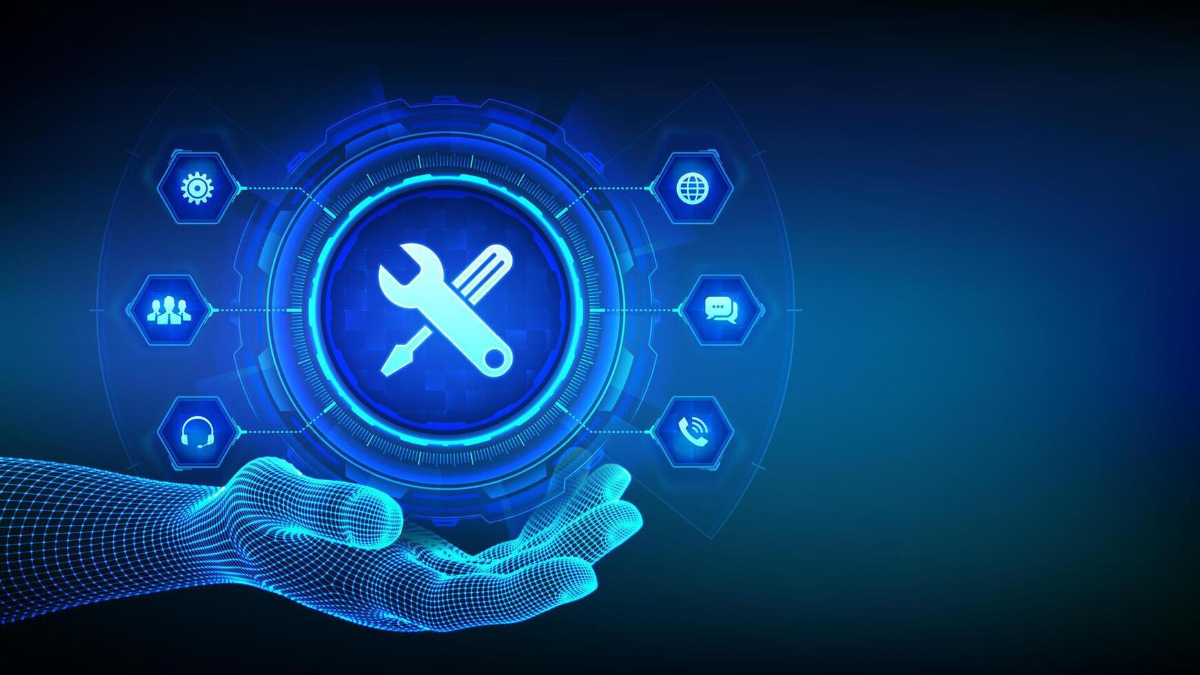 Technical support icon in wireframe hand. Customer help. Tech support. Customer service, Business and technology concept. Tech support assistance. 24 hours servises. 24-7 support. illustration. vector